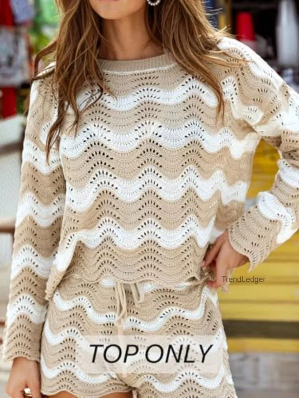 Women's Crochet Cover Up Long Sleeve Striped Beach Top for Swimwear